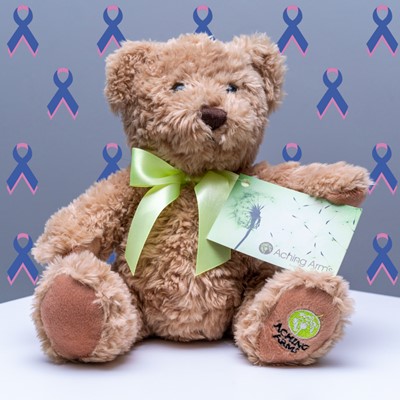 Aching Arms comfort bear with baby loss awareness ribbons in pink and blue behind in the background