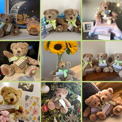 a grid of comfort bears with keepsakes