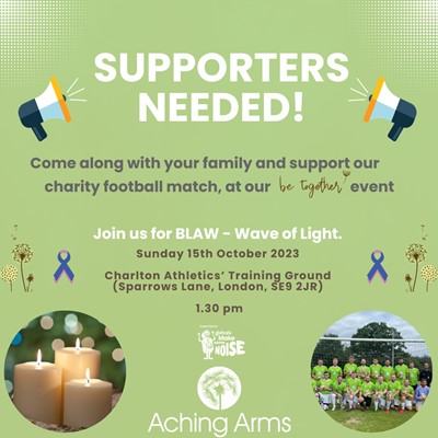 Info graphic which shows details of our Be Together Aching Arms Charity Football Game and Wave of Light for Baby Loss Awareness in London on Sunday 15th October 2023