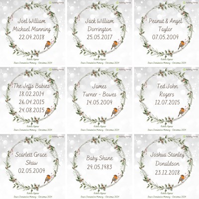 a christmas graphic with babies names inside a christmas wreath and snamm red robins