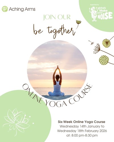 Promotional graphic for Aching Arms’ six-week online yoga course. Features a person seated in a yoga pose facing a sunset over water, with text reading ‘Join Our Be Together Online Yoga Course.’ Includes course details: starts Wednesday 14th January to We