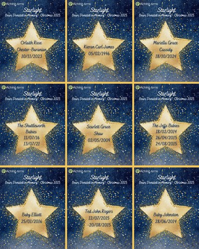 A 3x3 grid of square panels with a dark blue starry background and golden stars in the center. Each star contains text honoring babies as part of the Aching Arms “Starlight” campaign for Christmas 2025