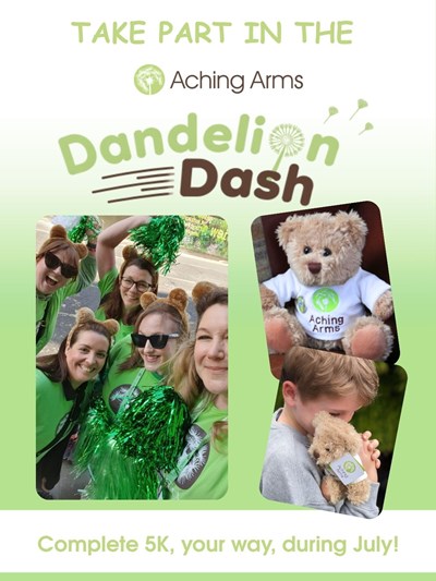 Image promoting Aching Arms “Dandelion Dash” with the message “Take part in the Aching Arms Dandelion Dash” and “Complete 5K, your way, during July!” The design features dandelion graphics, a group of supporters in green shirts holding pom-poms, an Aching