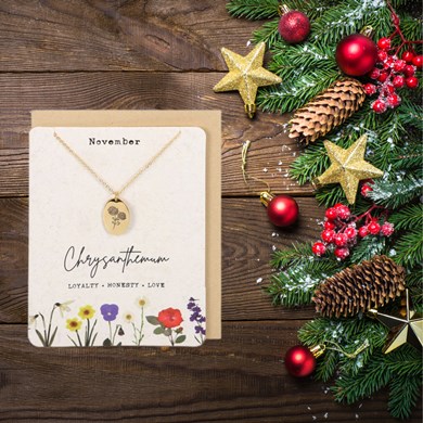 November Chrysanthemum Birth Flower Necklace Card